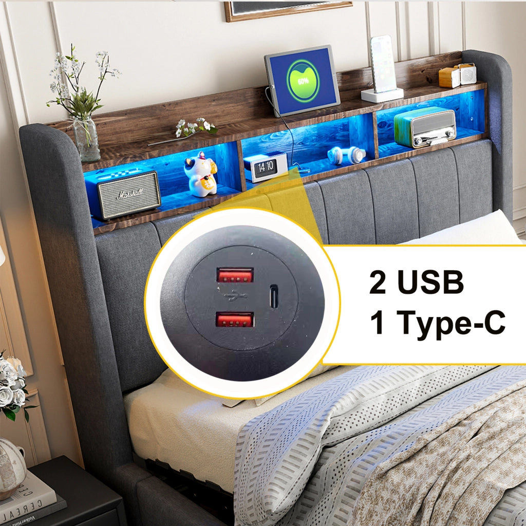 Letto Contenitore 180x200 cm con LED; USB; Type-C e Mensole; in Tessuto Grigio