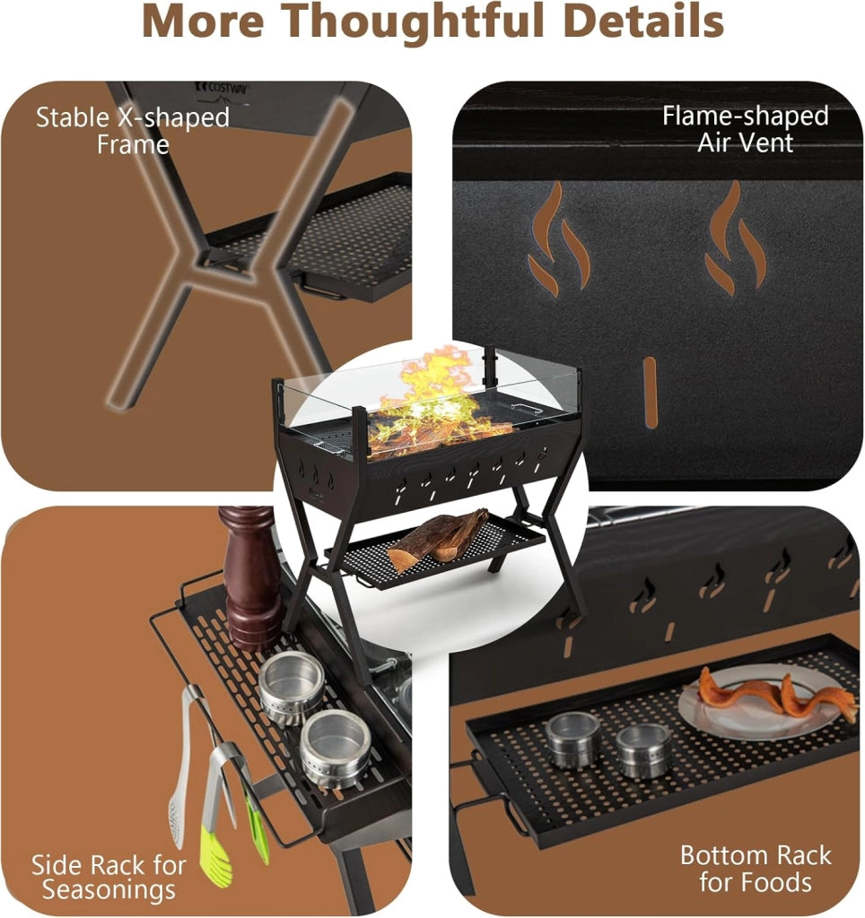 Barbecue a Carbone da Legno, con Parabrezza e Portaspezie, Griglia per Barbecue in metallo, Barbecue da campeggio con Coppia di guanti, Barbecue Esterno 3 in 1, 98 x 70 x 68 cm, Nero