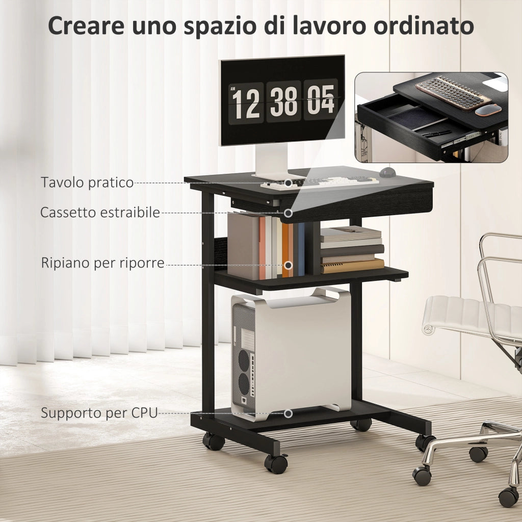 Scrivania Moderna Salvaspazio 56x51x79 cm con Cassetto Scorrevole e Ruote in Legno Ingegnerizzato e Metallo Nero
