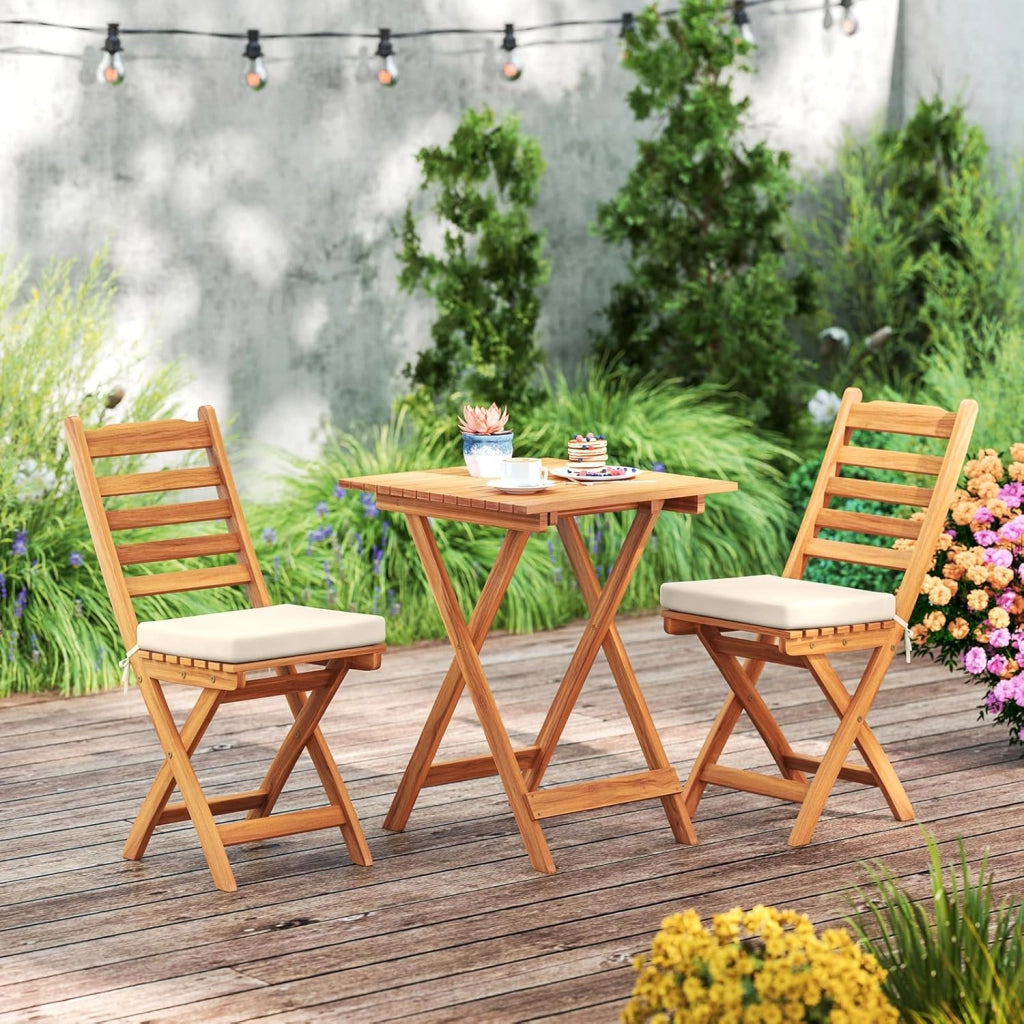 Set da bistrò da 3 pezzi, pieghevole, set da tavolo e 2 sedie in legno di acacia per giardino, set di sedute con cuscini e tavolo quadrato per terreza, balcone (listoni orizzontali)