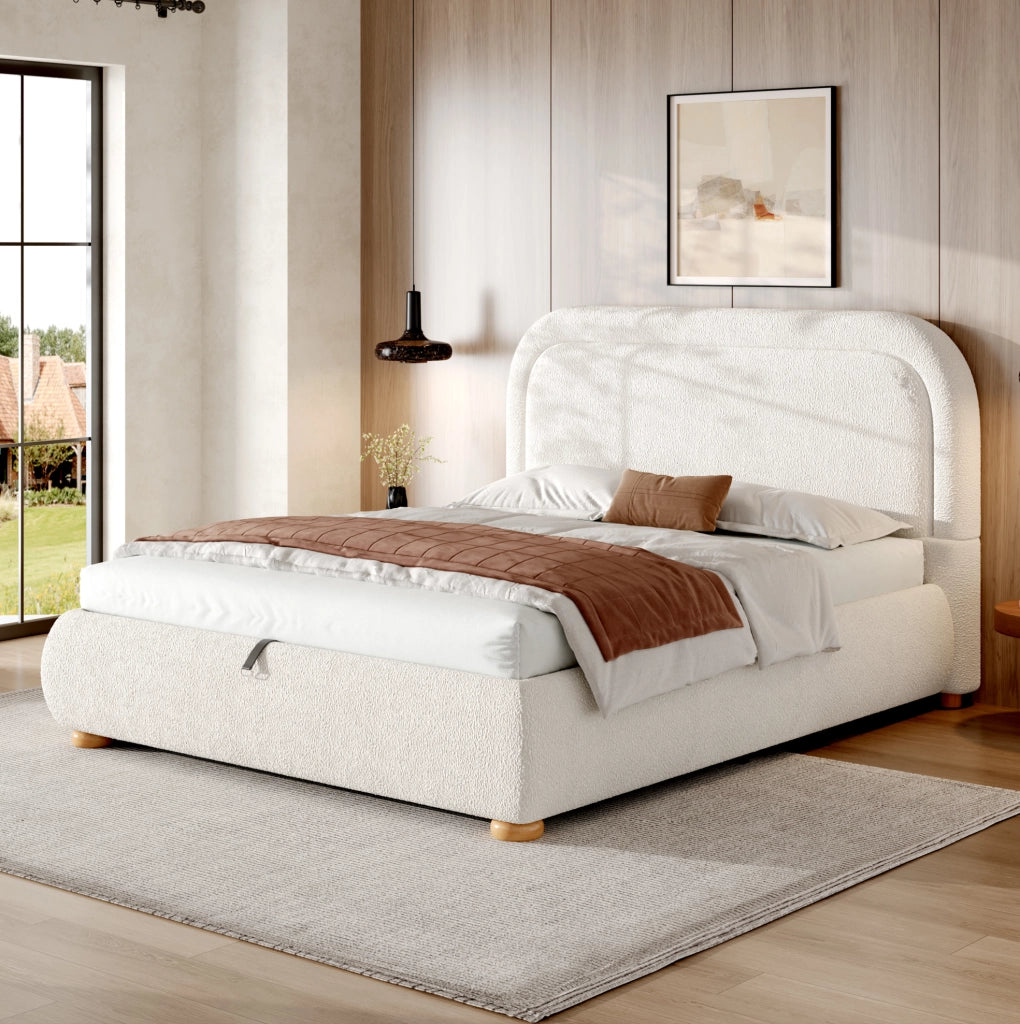 Letto matrimoniale 160x200 cm con contenitore idraulico; testiera imbottita in bouclé bianco