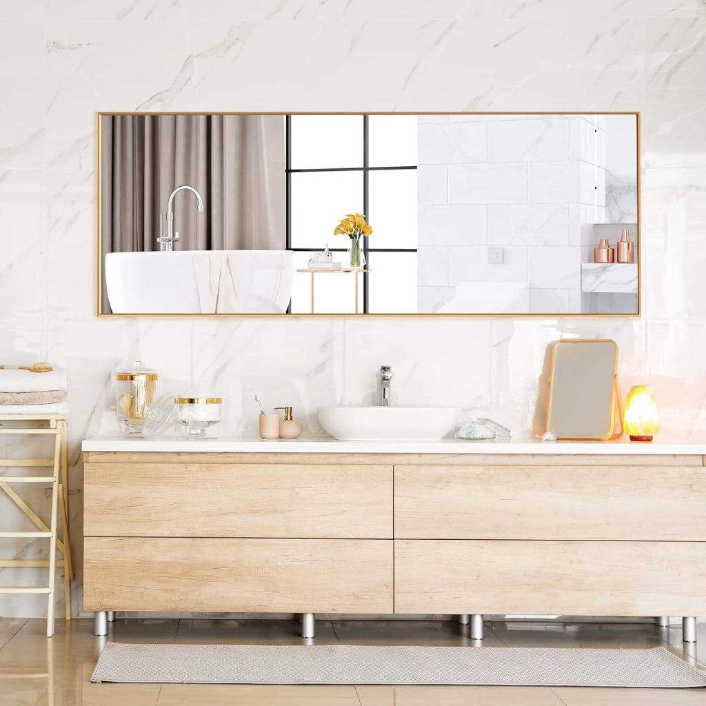 2 in 1 Specchio Lungo da Parete, Specchio a Figura Intera con Telaio Rettangolare in Alluminio e Vetro Antiesplosione, Specchio da Terra per Ingresso Bagno, 56 x150 cm (Oro)
