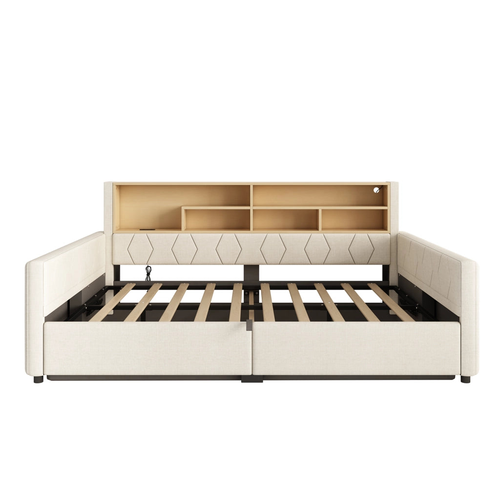 Letto contenitore 140x200 cm beige in lino e MDF con LED e prese USB