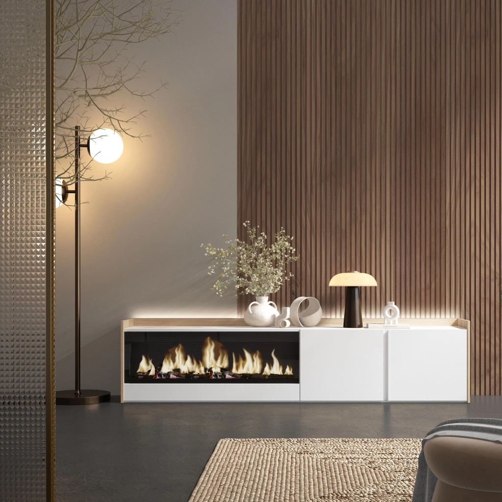 Mobile TV Soggiorno, 212x50x35 cm, Per TV fino a 80", Camino elettrico XXL, LED, Bianco e Rovere soft