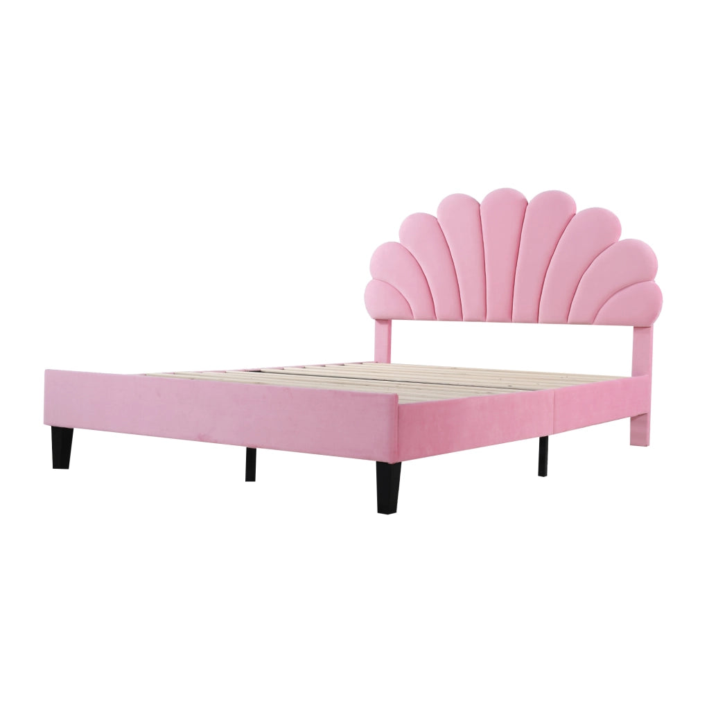 Letto matrimoniale imbottito 140x200 cm; testiera floreale; velluto rosa (Senza materasso)