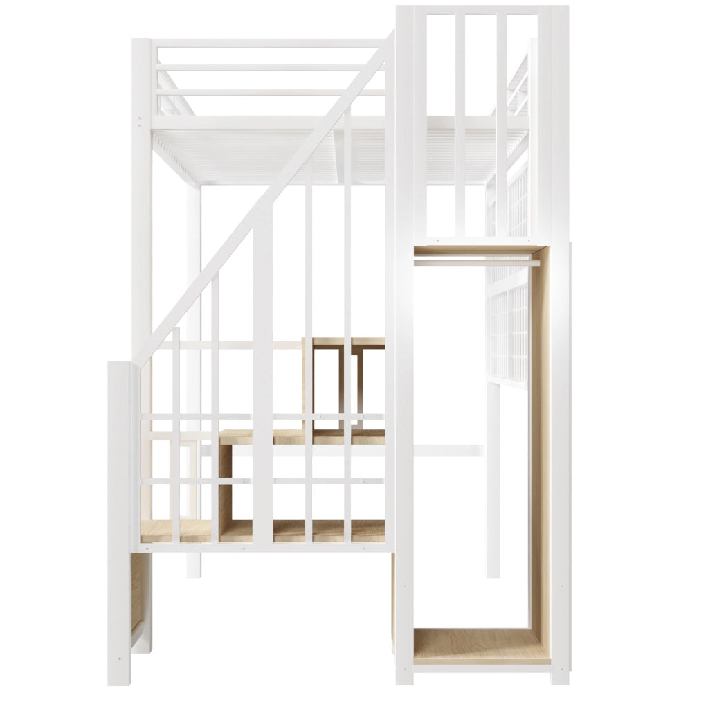 Letto a soppalco 90x200 cm bianco metallo e MDF; scala con armadio e LED
