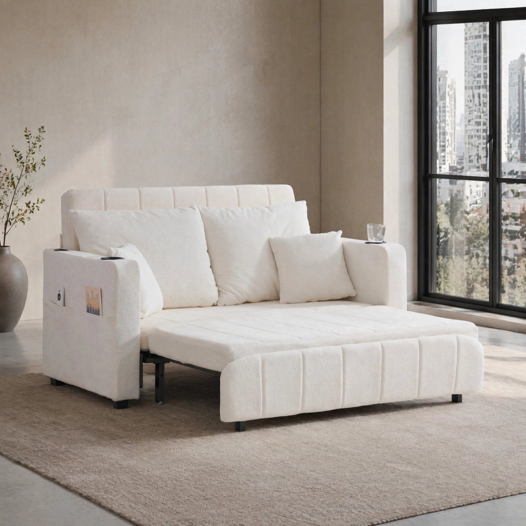 Divano letto in ciniglia beige con tasche laterali e 4 cuscini 139 × 83 × 58 cm