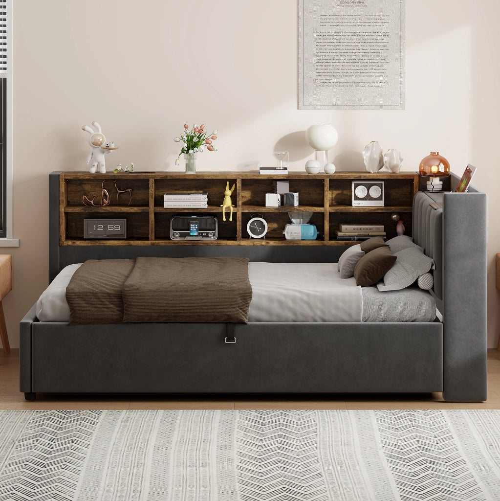 Letto imbottito 90x200 cm con contenitore idraulico, USB e USB-C in velluto grigio