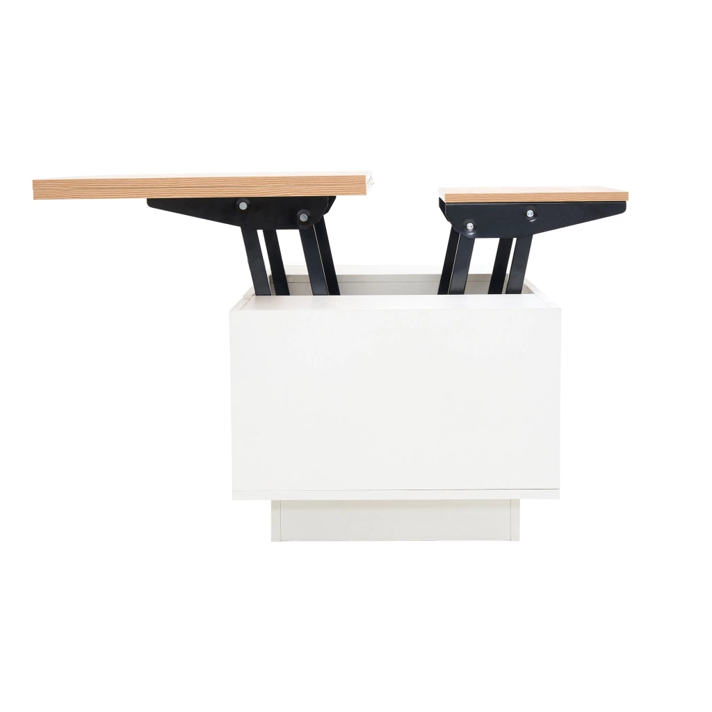 Tavolino da caffè 100x50x55.5 cm; doppio piano sollevabile con vano nascosto; pannello truciolare bianco