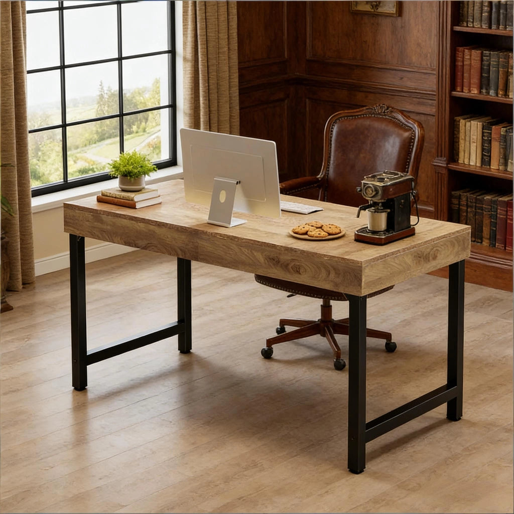Scrivania rustica 140 cm in MDF e metallo, nero/marrone, per ufficio e home office