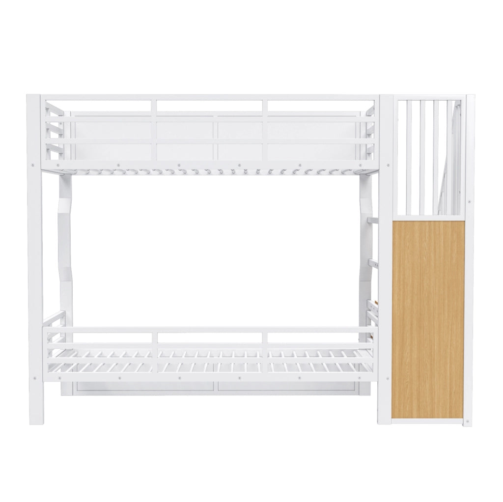 Letto a castello 90x200 cm con scala contenitore; LED e struttura in metallo; bianco