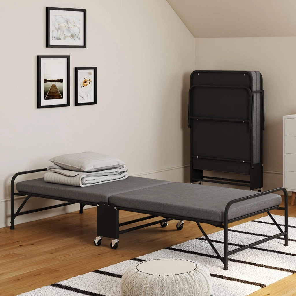 Letto pieghevole singolo in metallo ZAK con rete e materasso 70x190 cm grigio e nero