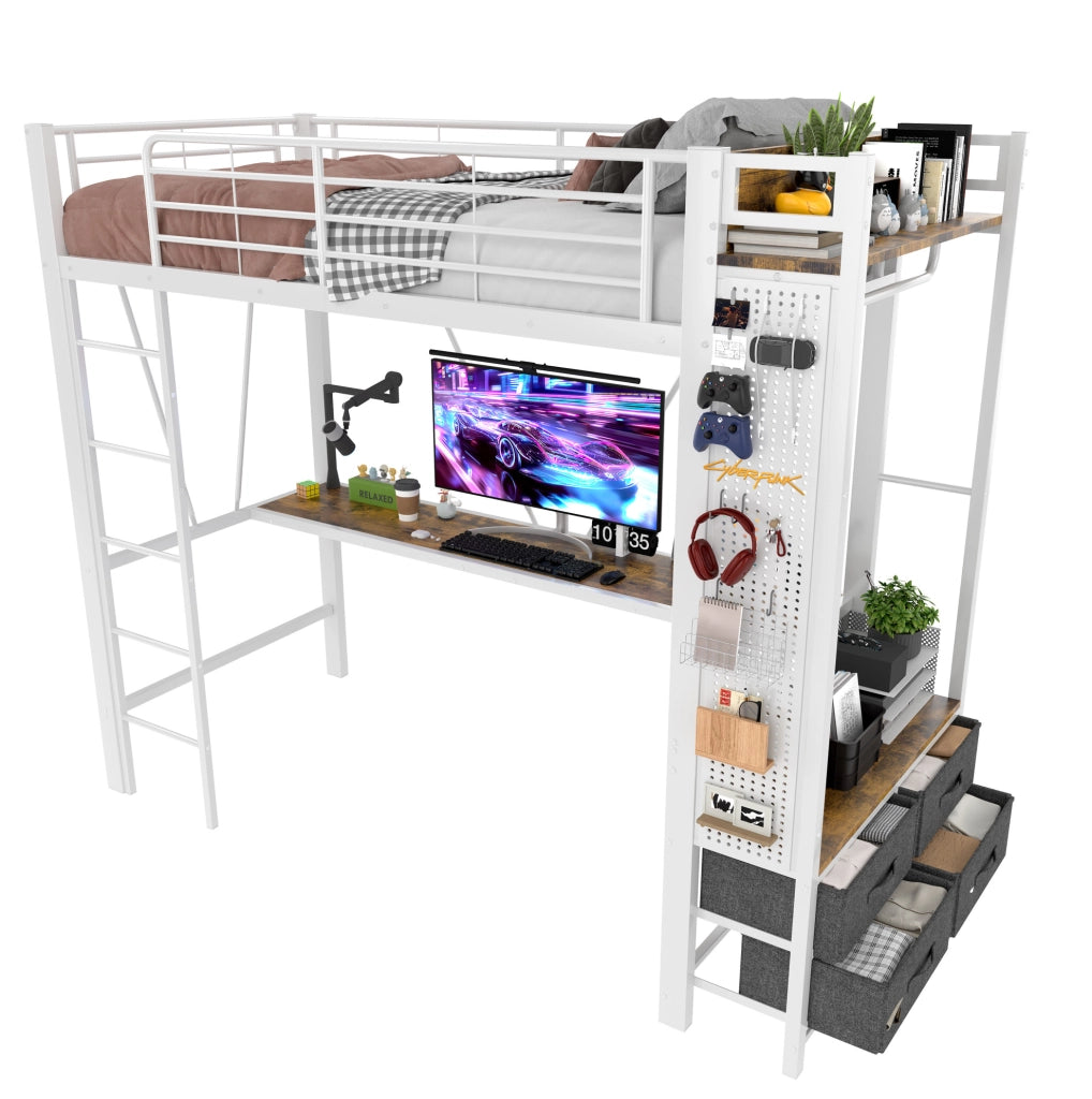 Letto a soppalco 90x200 cm con scrivania, LED, 4 cassetti e prese USB