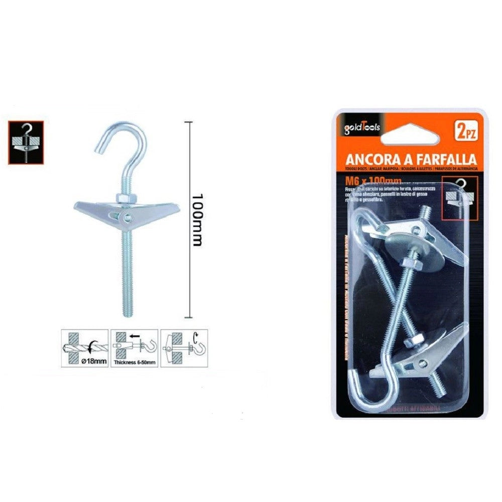 Trade Shop - Set 2pz Ancora A Farfalla Con Gancio Acciaio Con Dado Rondella M6 X 100 Mm 57230 -