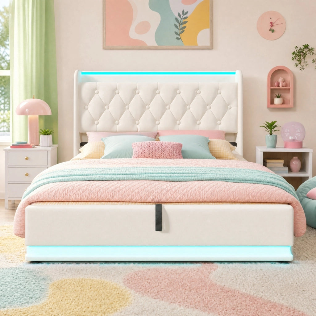 Letto matrimoniale imbottito 140x200 cm in PU bianco con LED 360掳; USB-C e contenitore idraulico