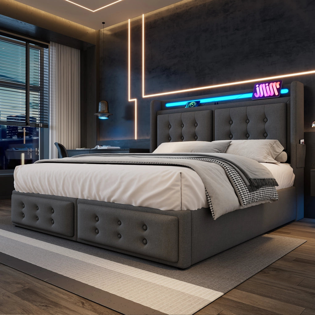 Letto matrimoniale 180x200 cm con contenitore; testiera con LED; prese e USB; grigio