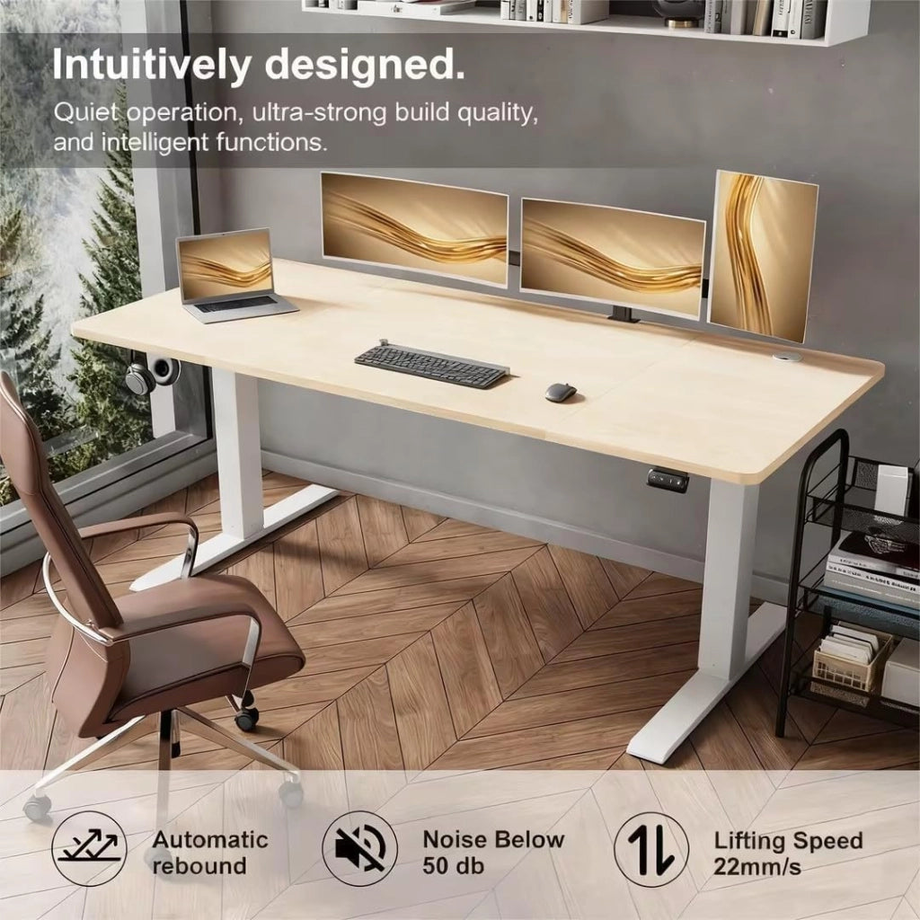 Scrivania regolabile in altezza, 140 x 60 cm, con vaschetta per cavi, altezza elettrica, stabile, scrivania per computer, memoria a 2 funzioni, seduta ergonomica in acero