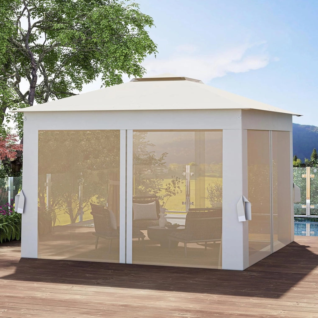Gazebo Pieghevole 3,4 x 3,4 m con Zanzariera, Gazebo da Giardino con Tende Laterali, Tenda da Giardino Antivento Facile da Montare Resistente 210D con Borsa di Trasporto (Beige)