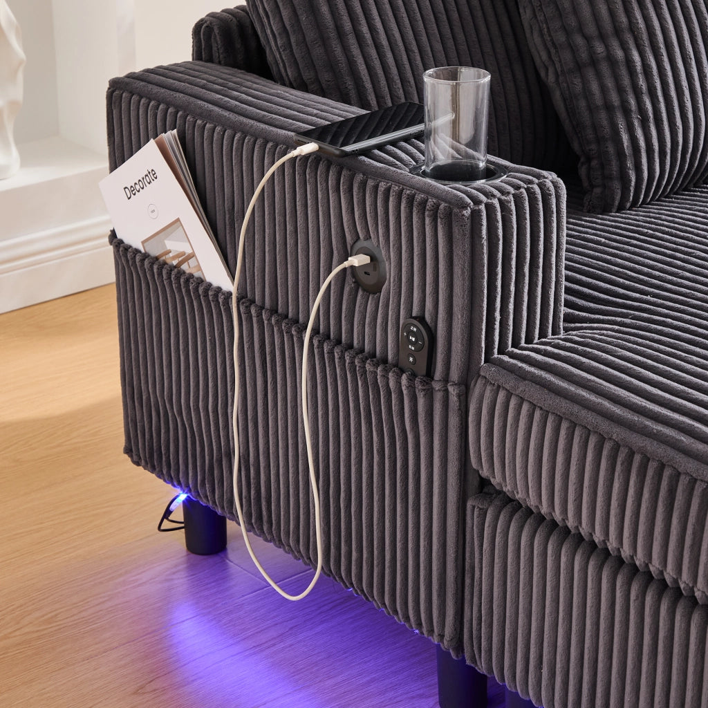 Poltrona relax Chaiselongue con LED USB e Portabicchieri in Velluto a Coste Grigio Scuro 142 × 128 × 85 cm