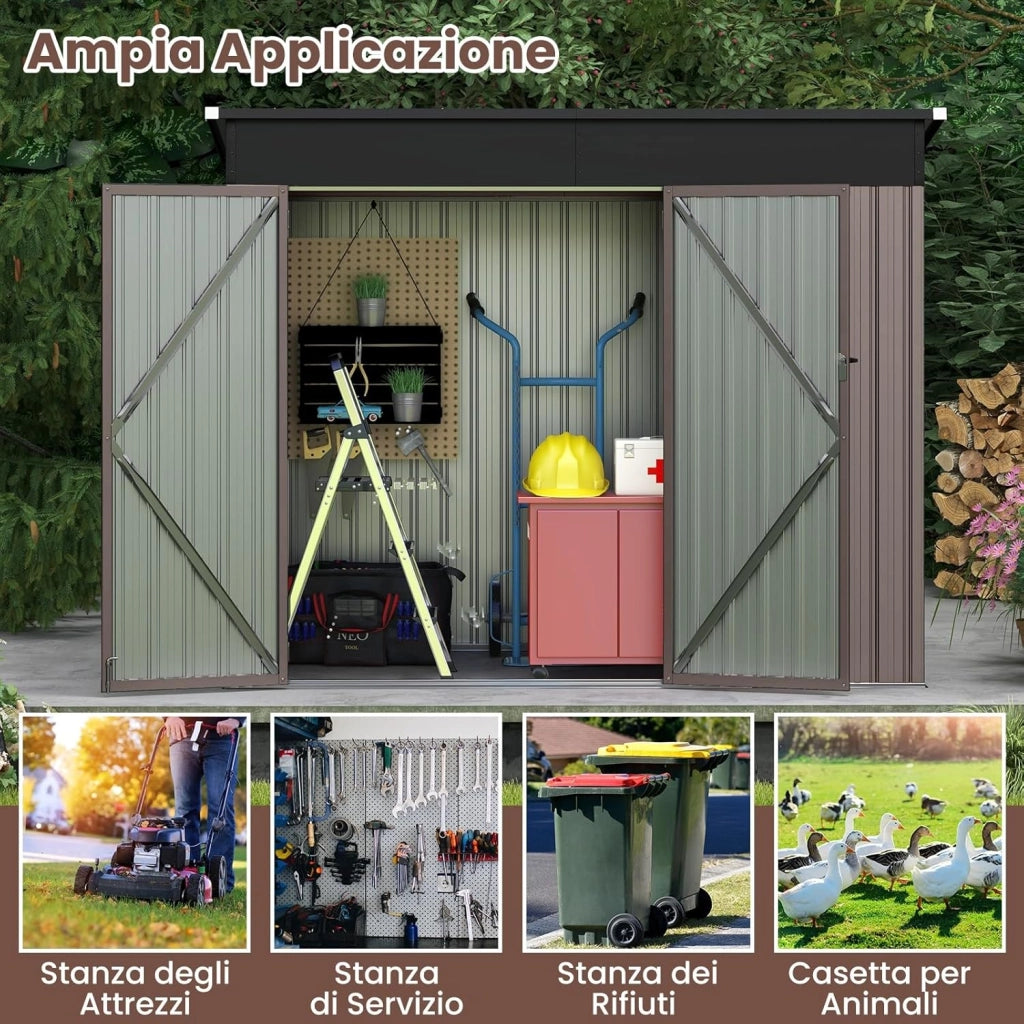 Capanno da Giardino 2,6㎡, Casetta Porta Attrezzi da Esterno in Metallo Zincato Resistente alle Intemperie con 2 Porte e Tetto Inclinato, Ripostiglio per Cortile (Grigio Caldo)