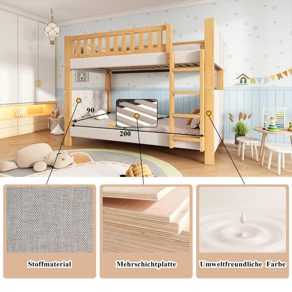 OKWISH Letto a Castello 90×200 cm, Letto Singolo con Scala Dritta 4 Gradini, Sponde e Bordo Antiurto, senza Materasso, Grigio