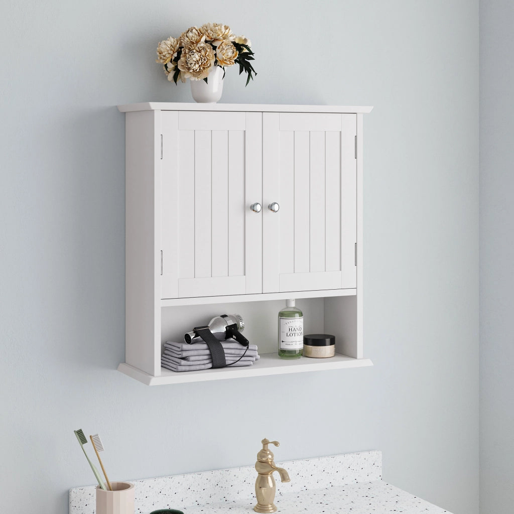 Armadietto bagno da parete bianco con doppia anta, ripiani regolabili e vani aperti, in MDF
