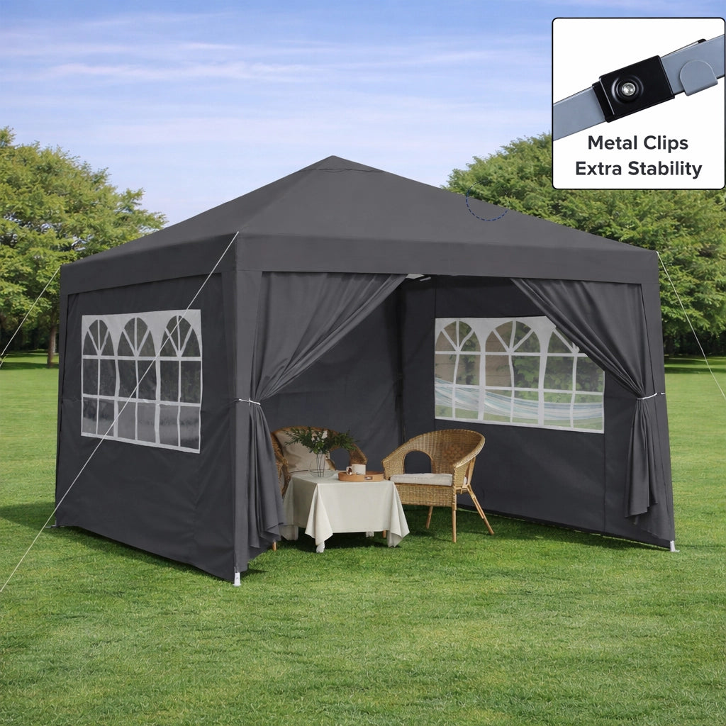Gazebo Pieghevole 3x3m ¨C MINIMAL ¨C Acciaio, Impermeabile, UV50+, 4 Pareti, Nero