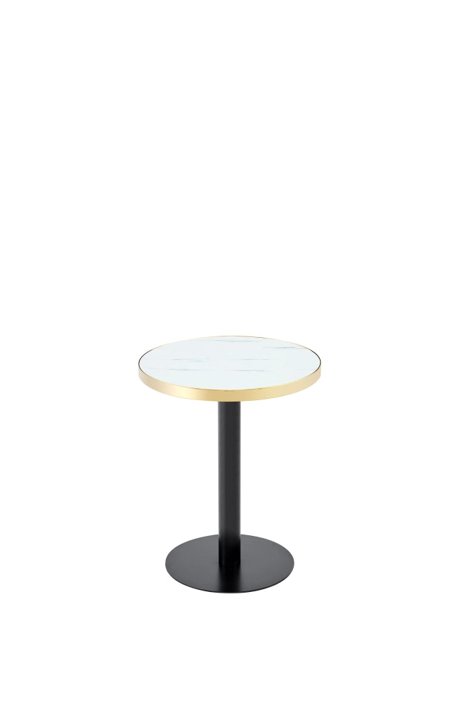 Tavolino rotondo da salotto con piano effetto marmo e base in acciaio inox color oro
