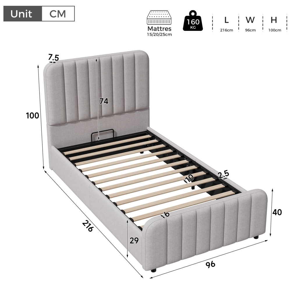 Letto per Bambini 90x200 cm; Contenitore idraulico; Testiera in Lino Grigio