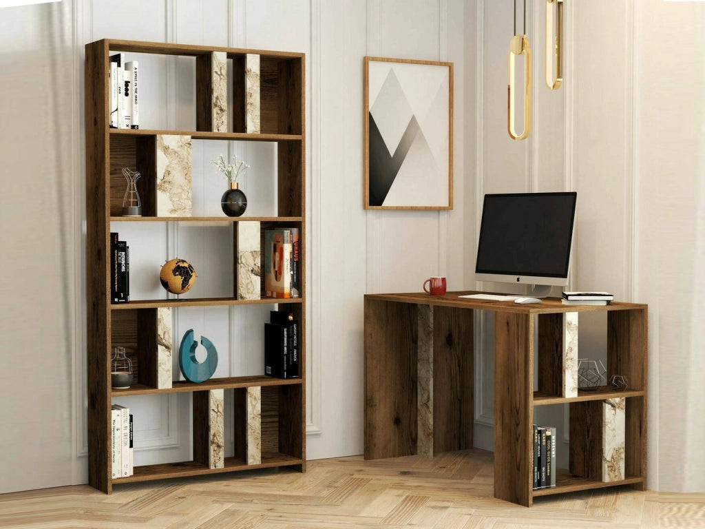 Scrivania Atene, Scrittoio multiuso, Tavolo per ufficio porta PC con libreria, 120x60h75 cm, Noce e Bianco Marmo