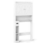 Scaffale organizzatore con doppie ante e ripiano regolabile, Mobile contenitore sopra il WC per bagno e lavanderia Bianco
