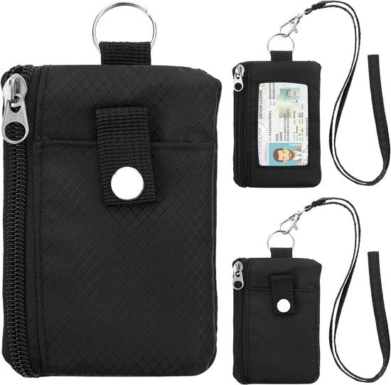 Portafoglio Minimalista con 2 Tasche di Cerniera - Portafoglio con Cinturino di Cintura e Chiave con Catena - Ideale per Viaggi (Nero)