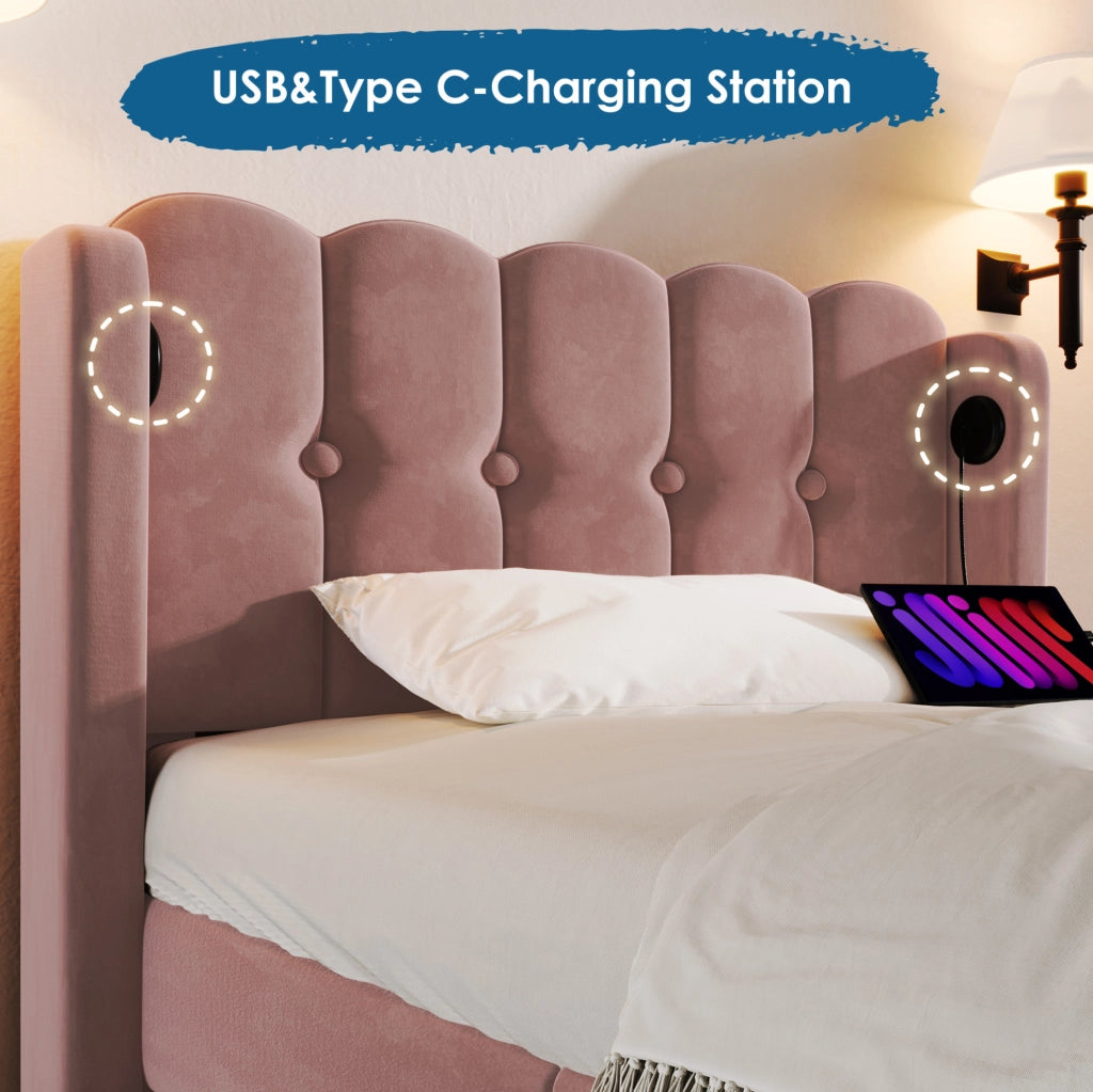 Letto imbottito ULEVR 90x200 cm in velluto rosa con testiera a pannelli e porte USB e Type-C