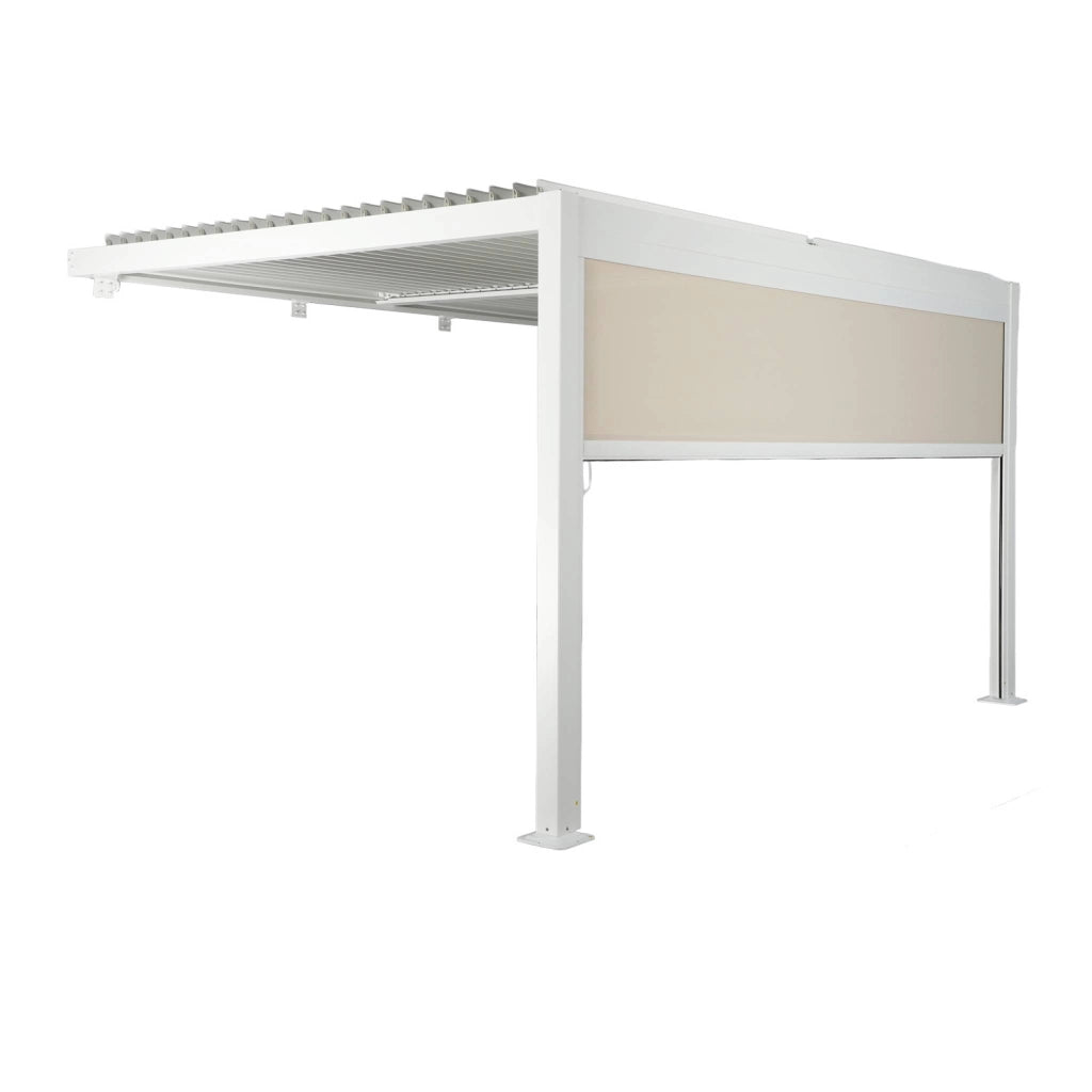 Pergola bioclimatica in alluminio addossata 4x3m + 1 tenda 4m , bianco