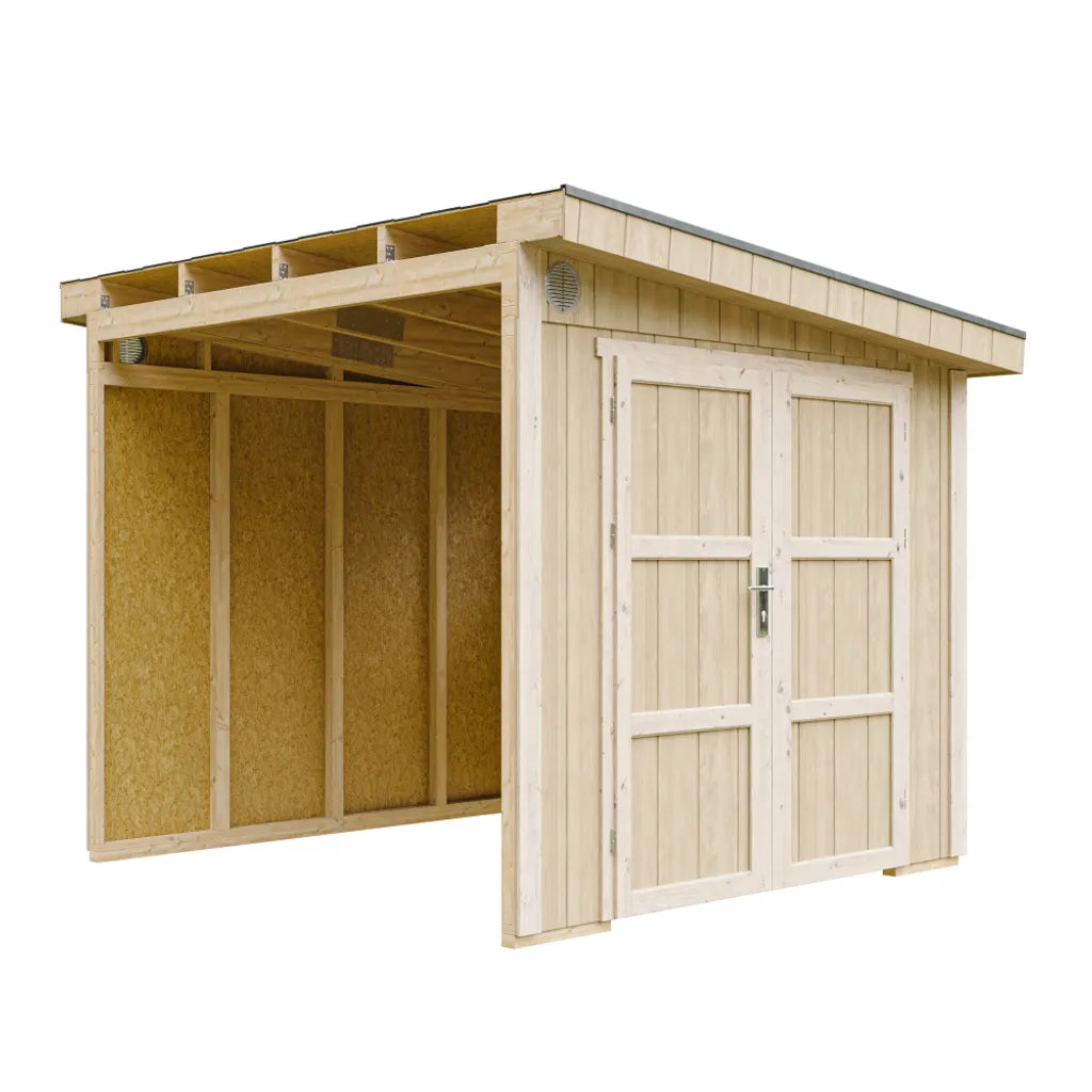 Casetta da giardino di qualità PREMIUM 5,9 mq - H231x248x294 cm - Senza pavimento e parete laterale - Timbela M938B