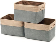 Set di archiviazione da 3 pezzi con tessuto di canapa - Tessuto tweed - Organizzatore di archiviazione - Cassetti in plastica - Maniglie - Serra - Cassetta per piante - Scatole - Abbigliamento - Bambini - Giochi
