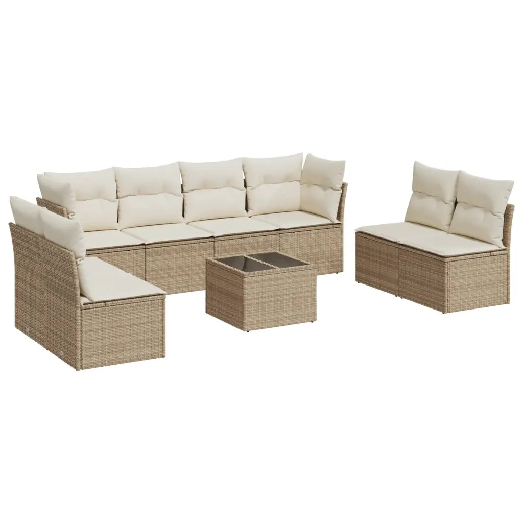 Set Divano da Giardino 9 pz con Cuscini Beige in Polyrattan