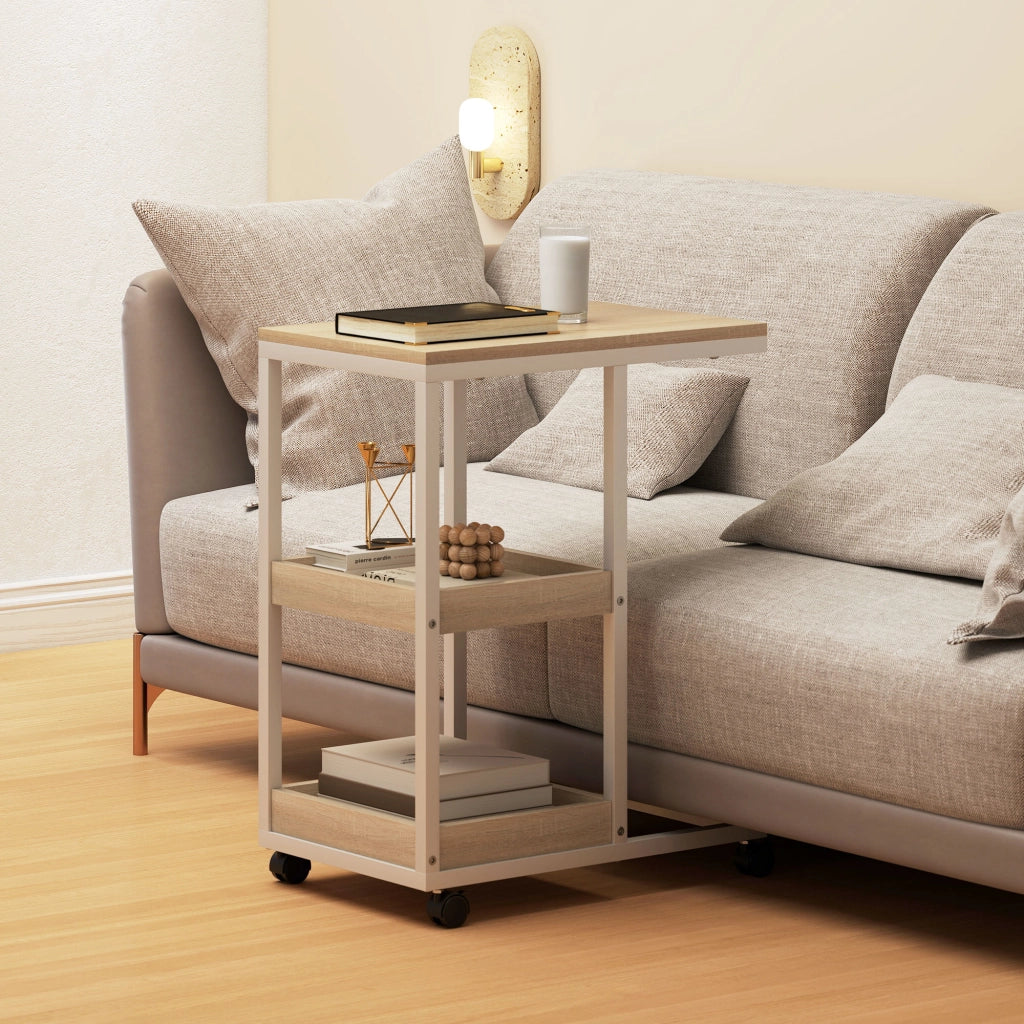 Tavolino con Ruote Forma C ¨C Xylo ¨C Legno Naturale e Bianco con Ripiani Aperti 51x33x66cm