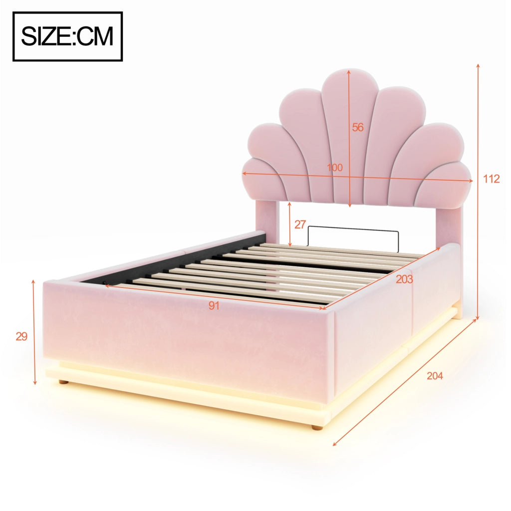Letto singolo 90×200 cm con contenitore idraulico; LED e testiera a fiore; senza materasso; velluto; rosa