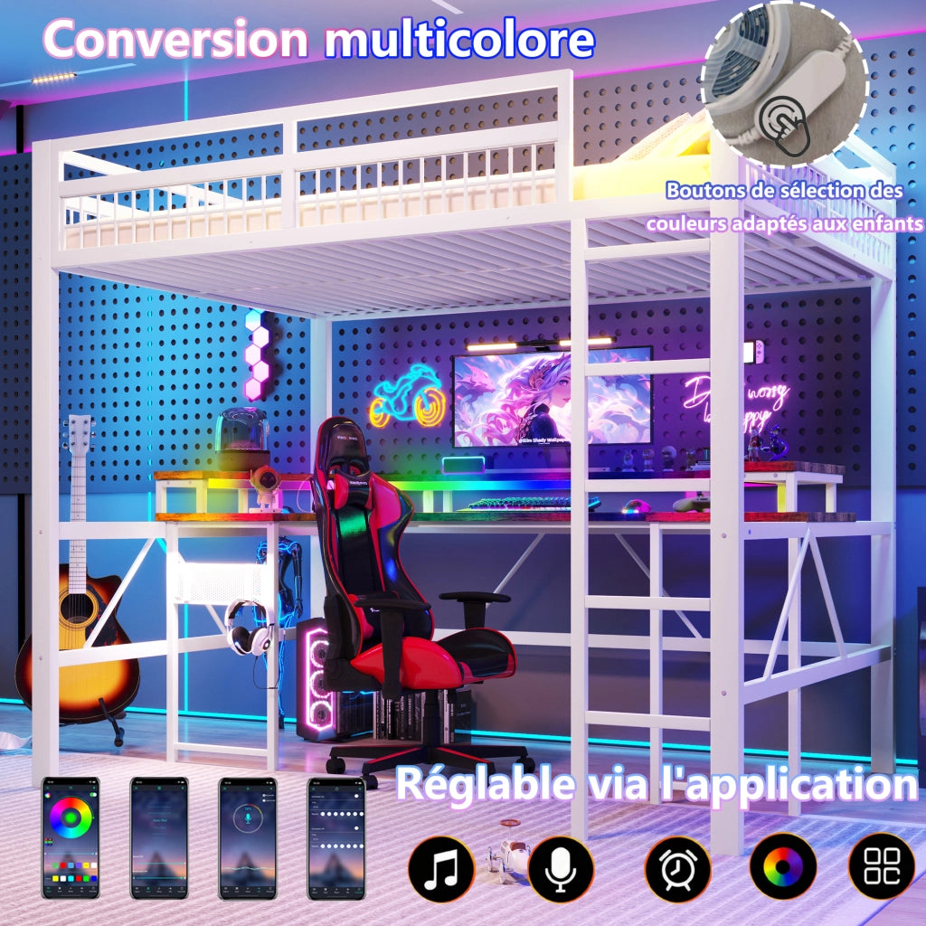 Letto a castello bianco con scrivania integrata funzione led regolabile ferro mdf 140x200 cm