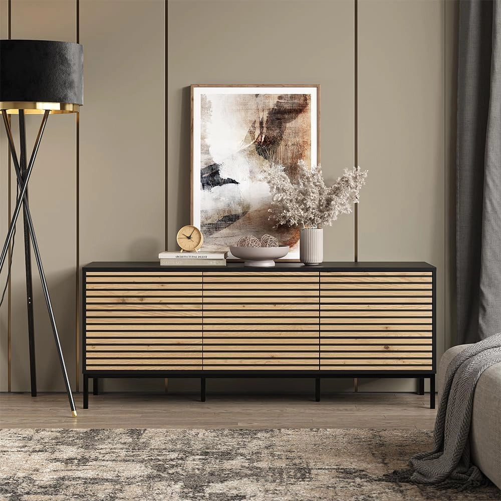 Lowboard Eliza, Quercia dorata/antracite, 150 x 60 cm con 3 cassetti, utilizzabile come supporto TV e per la conservazione