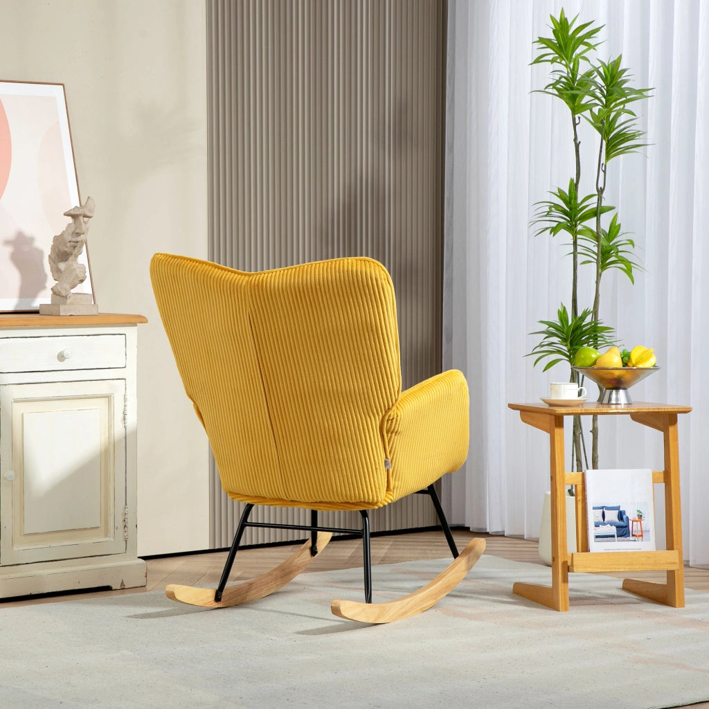 Poltrona a dondolo vintage ¨C Xylo ¨C tessuto giallo, legno di faggio e acciaio
