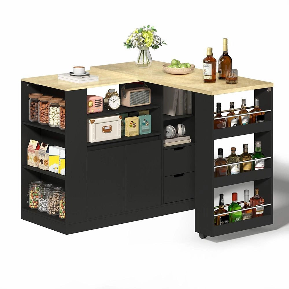 Isola cucina con piano scorrevole - Xylo - 115 cm - 3 lati ripiani, 2 cassetti, bar caff¨¨