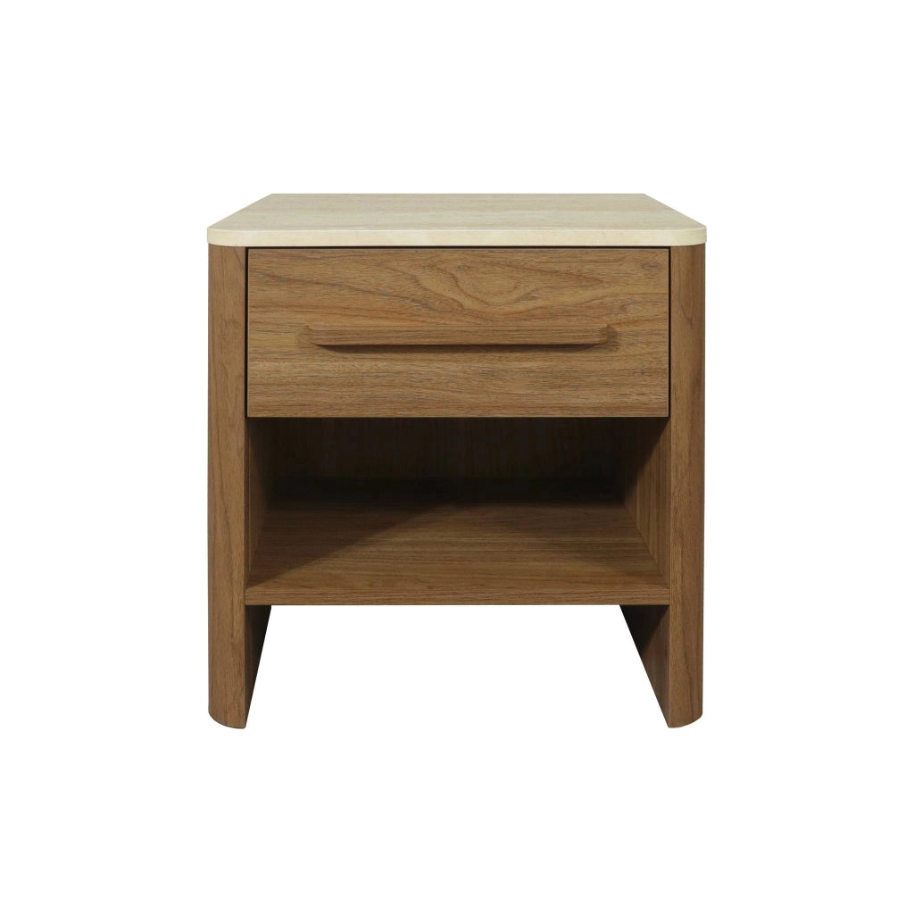 Comodino con decorazione in legno ed effetto travertino, 1 cassetto,