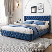 Letto imbottito in velluto blu 160 x 200 cm con rete e testiera decorata