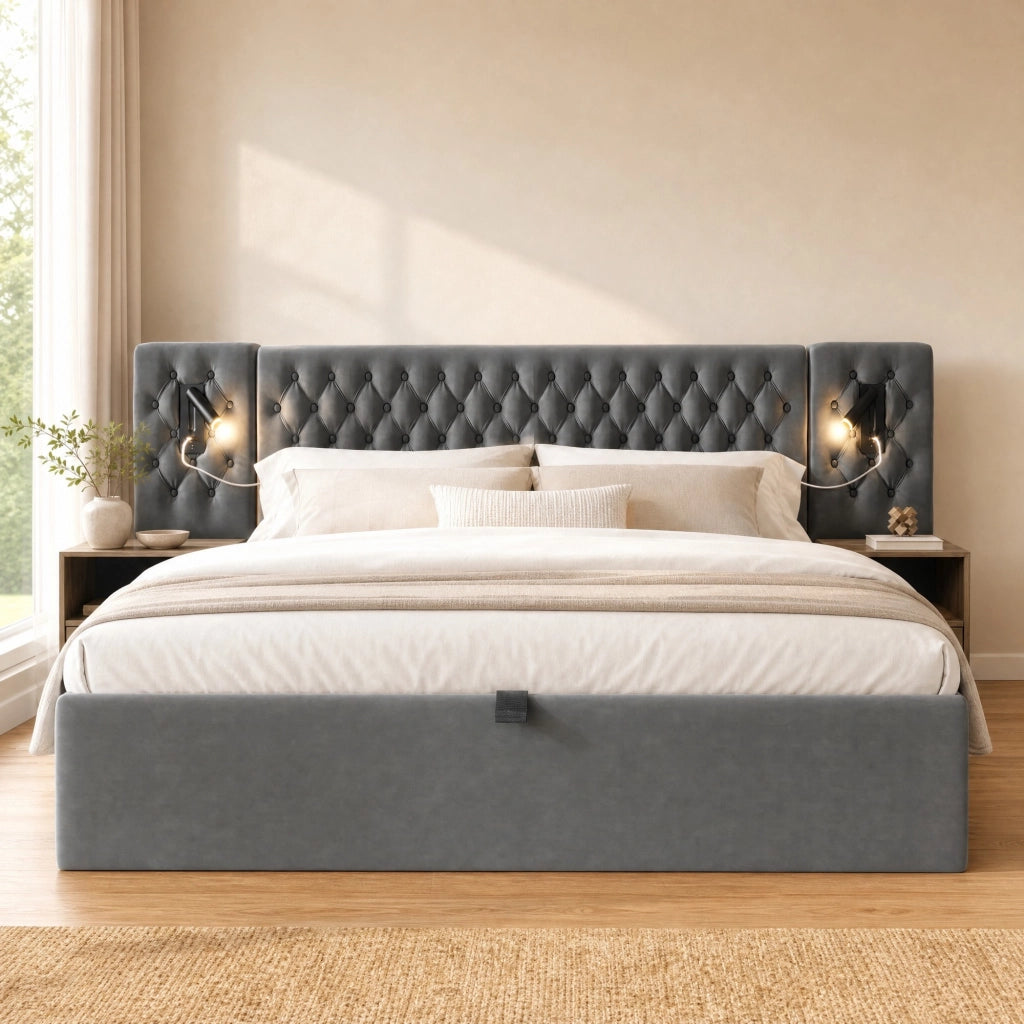LETTO Contenitore 180x200 cm in Velluto Grigio con 2 comodini e USB