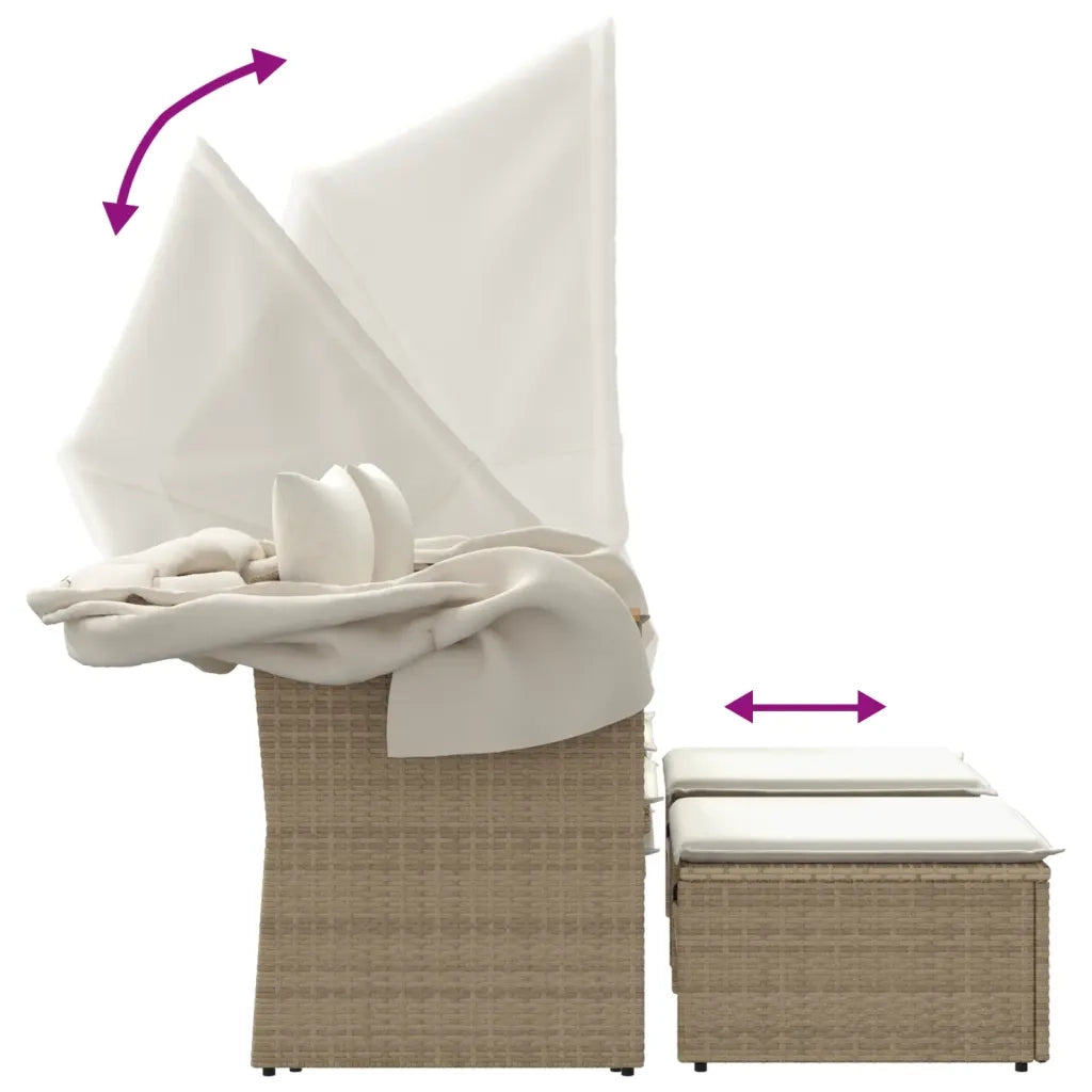 Divano Giardino 2 Posti Baldacchino e Sgabelli Beige Polyrattan 365802