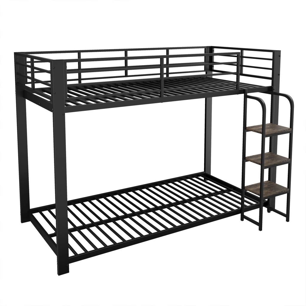 Letto a castello in metallo con scala in legno e scaffale, 90x200 cm, nero