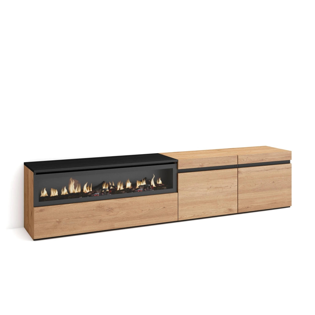 Mobile TV, 200x35x45cm, soggiorno, Per TV fino a 80", Camino elettrico, colore Rovere e nero RF2145