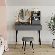 Tavolo da toeletta Mirela, Grigio, 90 cm con specchio LED e sgabello, adatto per la cura quotidiana e l'organizzazione di articoli cosmetici